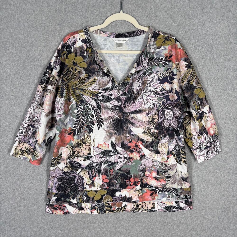 Christopher Banks Shirt Large Floral Paisley 1/4‎ Zip Jersey Stretch Casual